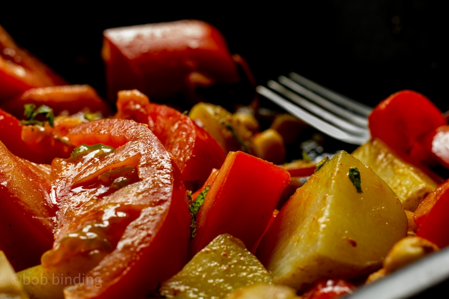 Spicy chickpea, potato and fresh tomato salad.